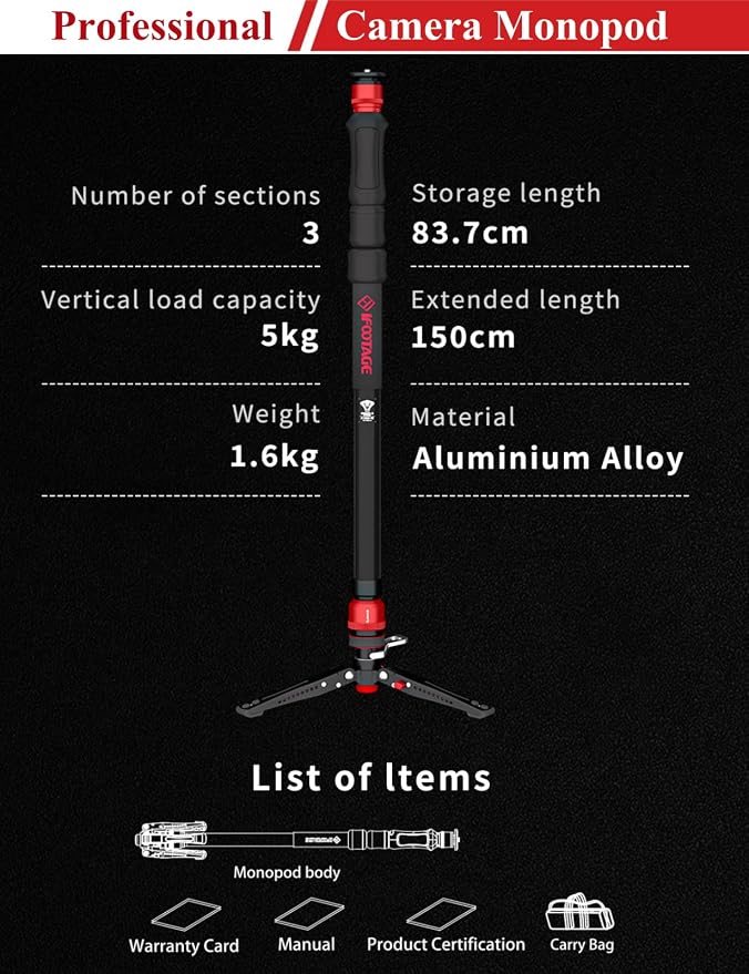 IFOOTAGE Cobra 3 Strike A150S+K5S Aluminum Camera Monopod 59" | Travel Monopod with Feet, 1/4" & 3/8" Quick Release Compatible with Sony Canon Nikon DSLR Camera, Payload 11lb - Image 8