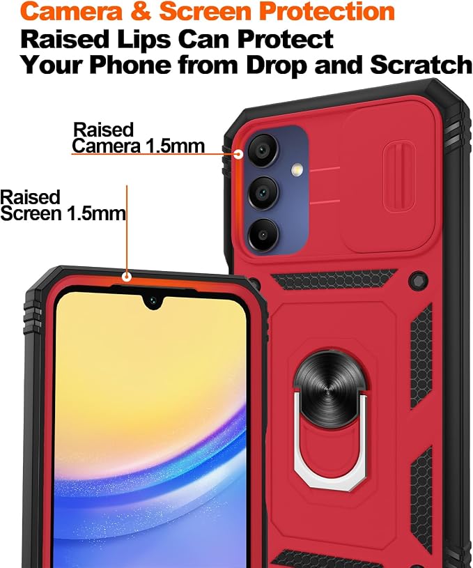 for Samsung Galaxy A15 5G Case with 2PCS Screen Protector, Build in 360° Rotating Ring Kickstand, Military Grade Protective Case for Samsung A15 Phone, Red+Black - Image 4