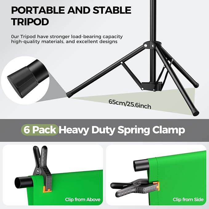 Emart 5x6.5ft Green Screen Backdrop Kit with T-Shape Stand and 6 Clamps | Reverse folding base for easy storage & transport，perfect for Photography, Photoshoot, Studio Video Recording, Streaming - Image 6