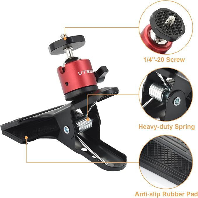 UTEBIT 4 Pack Camera Clamp Mount Tripod Camera Clip, Black & Red | 360° Swivel Webcam Mount with 1/4'' Screw Flash Reflector Holder for Studio Backdrop Digital SLR Video Photography Clamp - Image 2