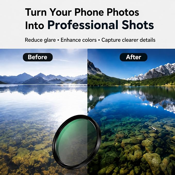 APEXEL 58mm CPL Phone Lens Filter for iPhone & Android, Reduce Glare & Enhance Colors for Photos and Videos, with Universal Clip, Adapter Ring & Cold Shoe Mount - Image 2
