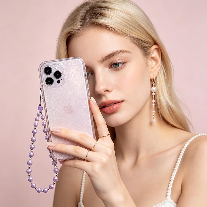 2 Pcs Phone Charm Beaded Strap Cute Cell Phone Wrist Straps String Accessories Hand Aesthetic Lanyard Wristlet Chain for iPhone 17 Pro 16 Camera AirPods Bags Keychains Women Girls Pearl Gold and Puple - Image 2