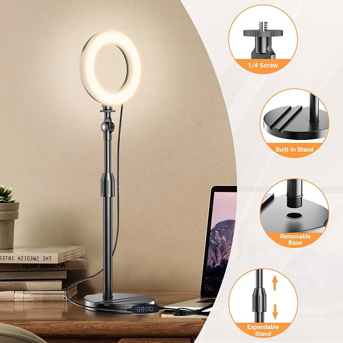 Portable Travel Ring Light for Laptop Zoom Video Conference, 5'' Bright Circle Light with Extendable Stand, Small Halo Lighting with Phone Holder for Video Recording Live Stream Facetime Photography - Image 3