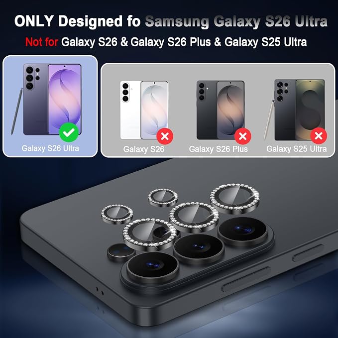 Meshine for Samsung Galaxy S26 Ultra Camera Lens Protector,Scratch Proof,Strong Adsorption,9H Hardness with Metal Ring Camera Cover,Ultra Thin Case Friendly, Accessories Lens Protector,Shiny Black - Image 2