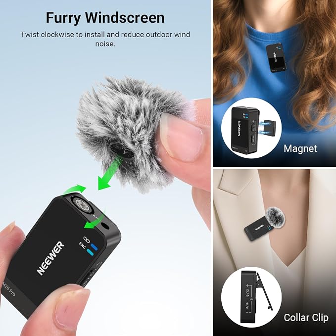 NEEWER CM26 Pro AI Wireless Microphone Compatible with iPhone Android Phone Camera PC, Lavalier Lapel Mic DSP/MCU Noise Cancellation Mute Gain Low Cut 48KHz/24Bit 88dB SNR 50H Battery 100m Range - Image 4