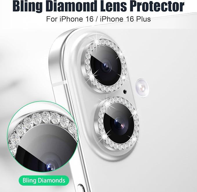 AGVEE 3+3 6 Pack for iPhone 16/16 Plus Camera Lens Protector Cover | Individual Bling Diamond & Bling Glitter Sparkle Cute Gem Metal Ring, 9H Tempered HD Glass - Image 4