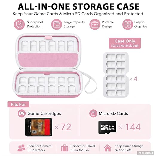 Game Card Case for Nintendo Switch, 72 Games and 144 MicroSD Cards, Pink | Four removable panels and finger grooves make a large collection faster for kids and adults to browse - Image 3