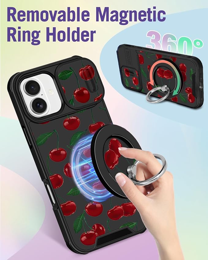 Buleens for iPhone 17 Case 6.3 Inch - with Ring Stand & Camera Cover Aesthetic Cute Designed for Women Girls Girly Pretty Kawaii Cherry Unique Teen Phone Case for iPhone 17 Compatible with Magsafe - Image 5