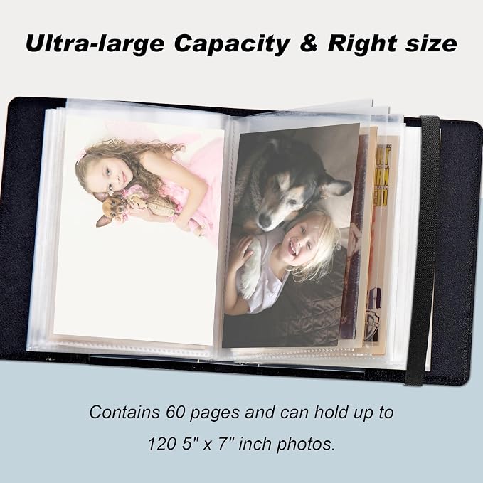 Small Photo Album 5x7, 60 Pockets Holds 120 Photos, Slip-in Pocket Photo Album with Black Elastic Band for Family Wedding Baby Travel Pictures, Cute Cat Moon With Stars - Image 4