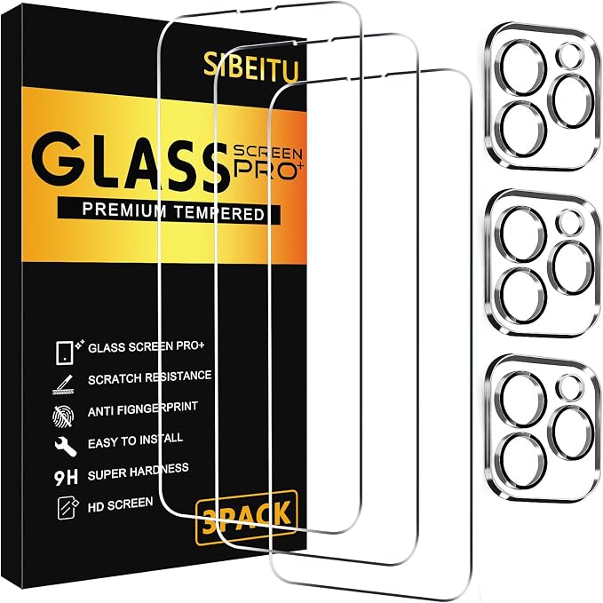 SIBEITU 3+3 Pack Screen Protector + Camera Lens Protector for iPhone 13 Pro | 6.1 Inch HD 9H Hardness Tempered Glass Film, Scratch Resistant, Sensor Protection, Case Friendly, High Response, Bubble Free by SIBEITU