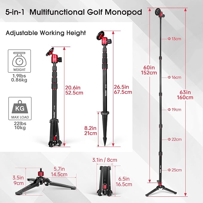 5 in 1 Golf Monopod with Tripod Base, Magnetic Phone Stand for Cameras, Smartphone Selfie Stick with Ground Spike Stake & Extension Bar 1/4’’ Max Height 63’’ (GF-M25) - Image 6