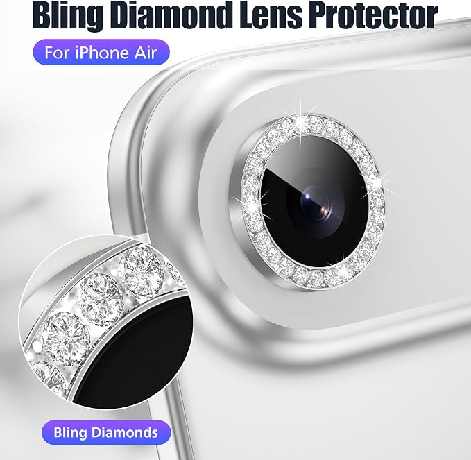 AGVEE 3+3 6 Pack for iPhone Air Camera Lens Protector Cover | Individual Bling Diamond & Bling Glitter Sparkle Cute Gem Metal Ring, 9H Tempered HD Glass - Image 4