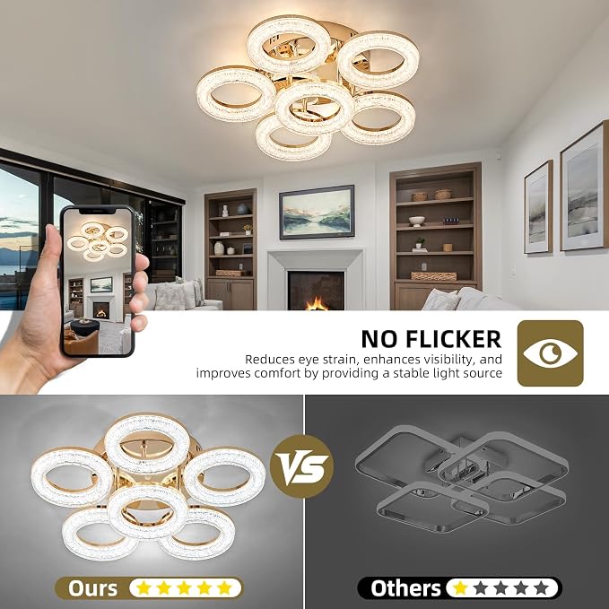 Modern Ceiling Light, 6 Rings 17.7'' Dimmable LED 60W Flush Mount Ceiling Lights with Remote Acrylic Crystal Round Ceiling Light Fixture, Bedroom Living Room Dining Room, Gold - Image 5