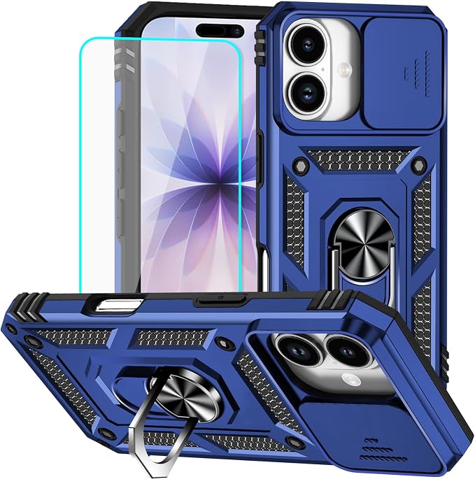 HNHYGETE for iPhone 17 Case with Screen Protector: [Military Grade 20ft. Drop Tested] Slide Camera Cover Ring Shockproof Protective Phone Case for - iPhone 17 (Blue) by HNHYGETE
