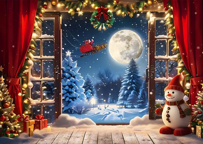 Christmas Backdrop 5x3ft Winter Full Moon Snow Pine Trees Forest Santa Claus Background Snowman Xmas Tree Party Decors Photo Booth Props by XMJJKUF