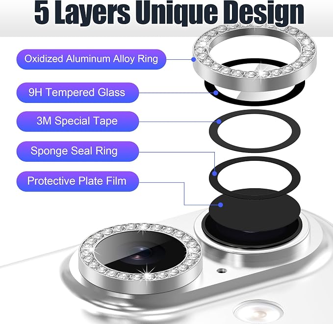 AGVEE 3+3 6 Pack for iPhone 17 Camera Lens Protector Cover | Individual Bling Diamond & Bling Glitter Sparkle Cute Gem Metal Ring, 9H Tempered HD Glass - Image 7