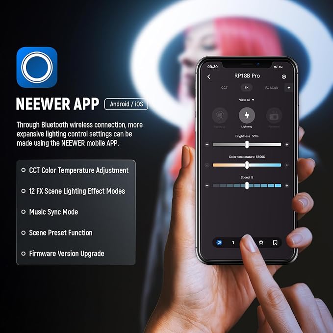 NEEWER Professional 18 Inch Ring Light with Tripod Stand Phone Holder Compatible with iPhone, 45W Remote Shutter App Control, Video Recording Makeup Selfie Studio Streaming Filming, RP18B Pro Black | Compatible with iPhone, 45W, Remote Shutter, App Con... - Image 4