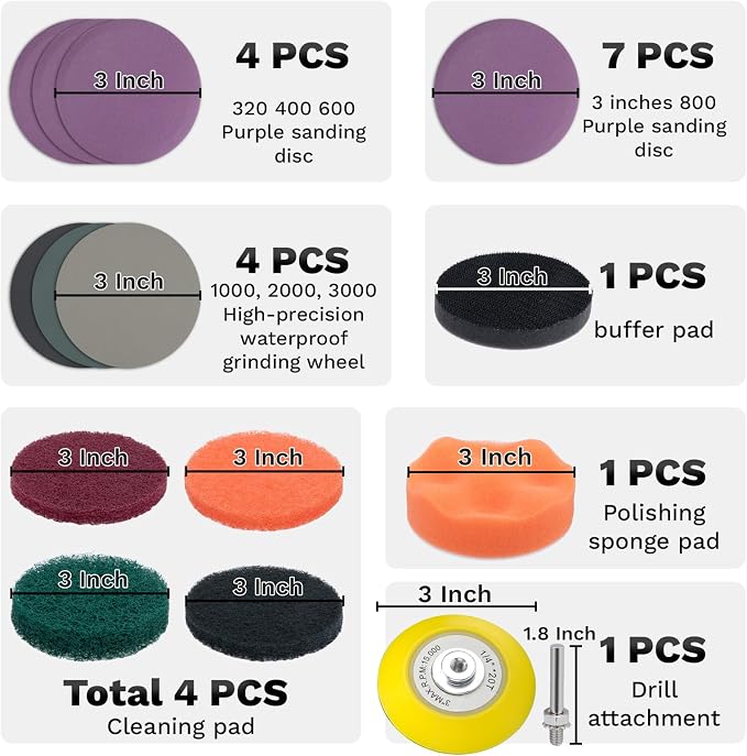 BFXM 38Pcs Car Headlight Restoration Kit, 3 Inch Headlight Polishing Kit | Headlight Cleaning Kit with Sanding Disc Scouring Pad Polishing Pad for Drill, Universal Automotive Tools for Car Headlight - Image 2