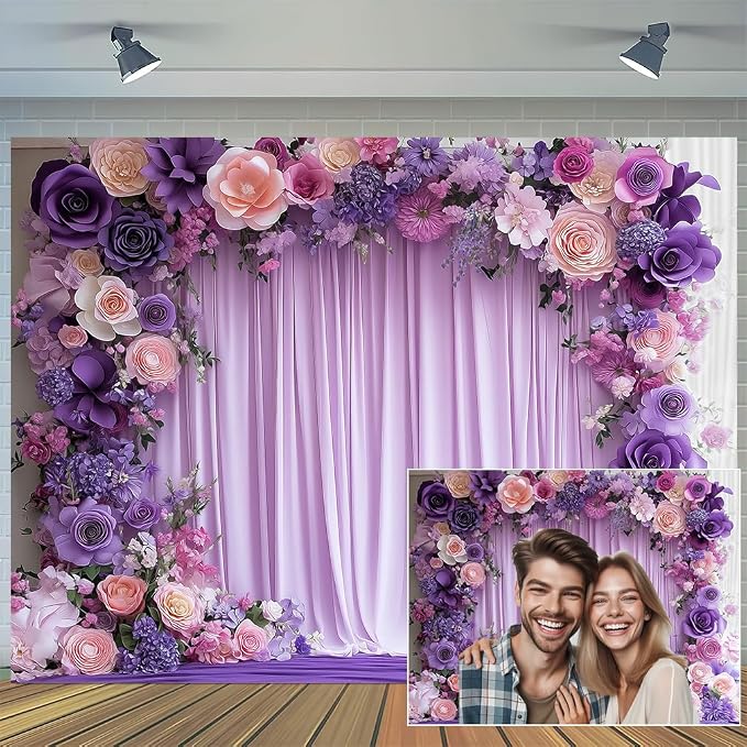 7X5ft Purple Flower Wall Background Photography Lavender Backdrop for Parties Wedding, Girls Birthday Princess Weeding Bridal Shower Purple Floral Anniversary Ceremony Decor. - Image 2