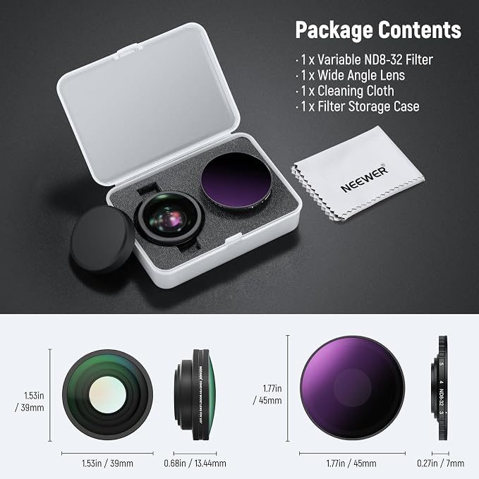 NEEWER Variable ND Filter Lens Kit Compatible with DJI Osmo Action 5 Pro/4, Screw On Multicoated HD Optical Glass ND8-32 (3-5 Stops) + 185° FOV Wide Angle Lens Action Camera Accessories, FL-54 - Image 9