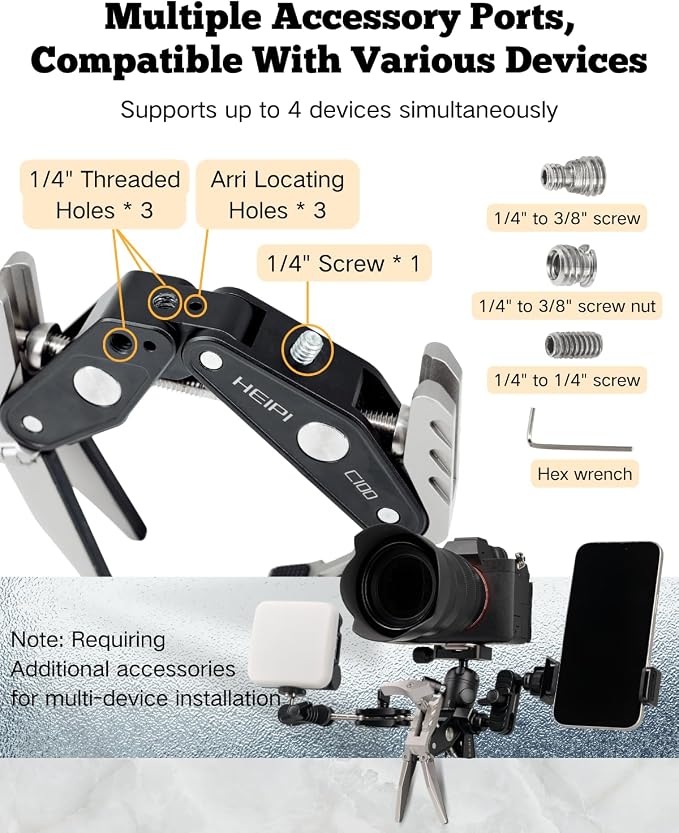 HEIPI C100 Super Clamp, Max Clamping 3.93" with 1/4"-20 & 3/8"-16 Screw | 2-in-1 clamp & stand design. Max clamping 3.93"/10cm.Compatible with phone, action camera, DSLR. Universal tripod accessories - Image 6