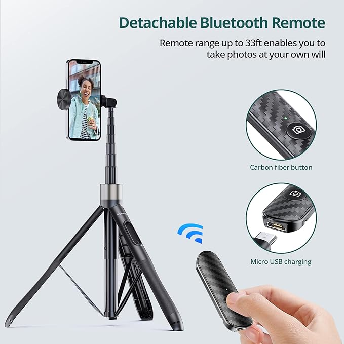 ATUMTEK 65" Selfie Stick Tripod, All in One Extendable Phone Tripod Stand with Bluetooth Remote 360° Rotation for iPhone and Android Phone Selfies, Video Recording, Vlogging, Live Streaming, Black - Image 6