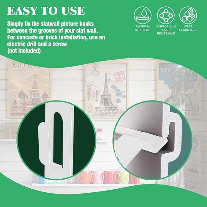 60Pcs Slatwall Utility Notch Hook Metal Slat Wall Display Hangers Picture Hook Slatwall Accessories for Photo Frame Painting Artworks Panel Pegboard Slat Grid Shelf Hanging Display (White) - Image 4