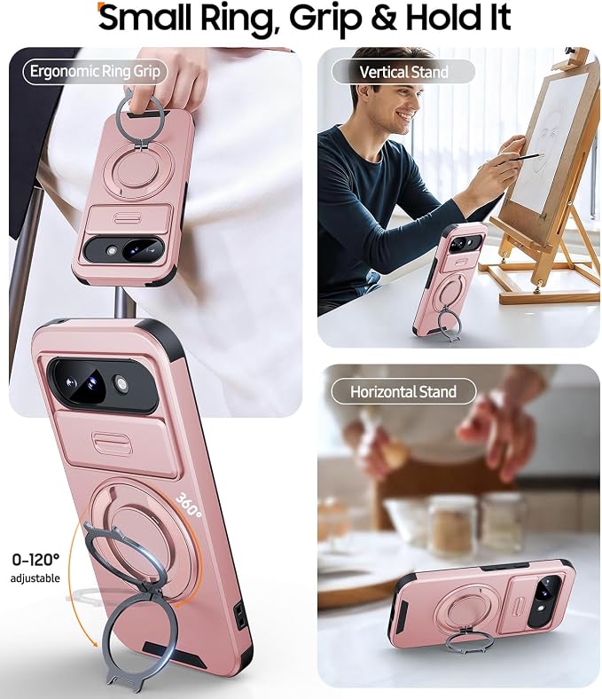 JAME for Google Pixel 10A Case with Ring Stand & Slide Camera Cover Pink | Ring Holder Kickstand, Screen Protectors, Dual-Layer Shockproof Protective, Magnetic Accessory Friendly Phone Case, Pink - Image 3