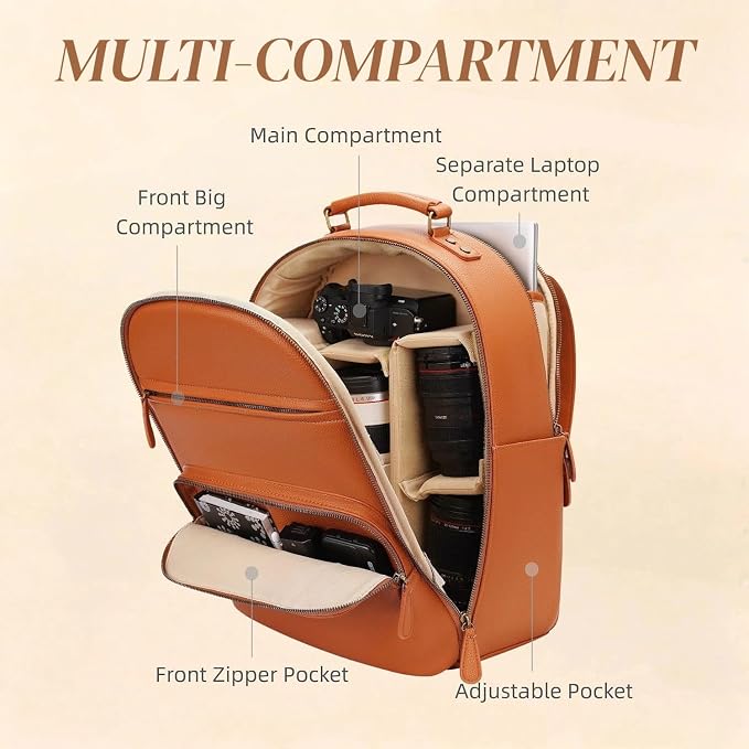 Camera Backpack Classic PU Leather for DSLR, Professional Camera Bag for Photographers with 15 Inch Laptop Compartment Large 20L - Image 7