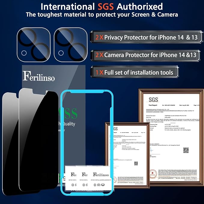 Ferilinso Privacy Screen Protector for iPhone 13/14, Tempered Glass | 2 Pack, 9H+ Hardness, Military-Grade Shatterproof, Case Friendly, Easy Installation Bubble Free, with Camera Lens Protector - Image 3
