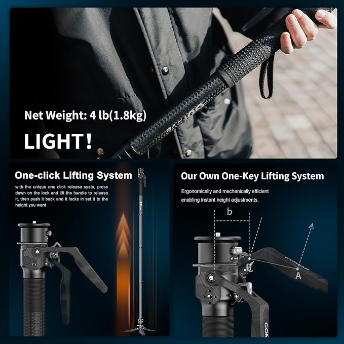 M1pro 65" Carbon Fiber Monopod for Camera, One-Click Lifting Quick Release Monopod with feet, Compact for Travel, Max Load 44lbs / 20kg for Camera, DSLR, Camcorder - Image 4