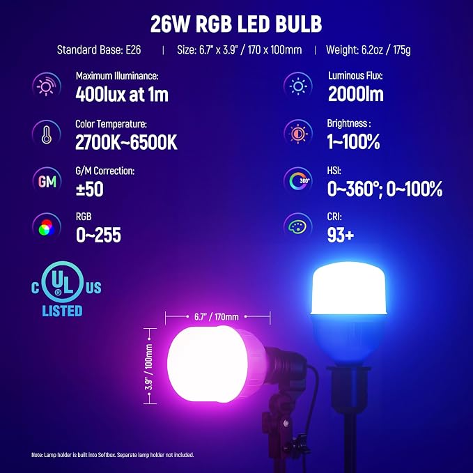 NEEWER RGB Softbox Lighting Kit with App Control & 9 Effect Modes, 2 Pack 26W FCC/IC/UL Certified LED Bulbs CRI93+ TLCI98+, E26 Porcelain Sockets, 24" Softboxes, for Studio Photography Lighting, NK800 | 9 Effects, 26W LED Bulbs, CRI93+, TLCI98+, E26 Po... - Image 2