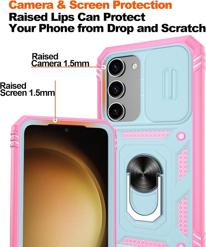 Fit for Samsung Galaxy S23+ Plus Case with Screen Protector*2, Build in 360° Rotating Ring Kickstand, Military Grade Protective Case for Samsung S23 Plus Phone, Green+Pink - Image 5
