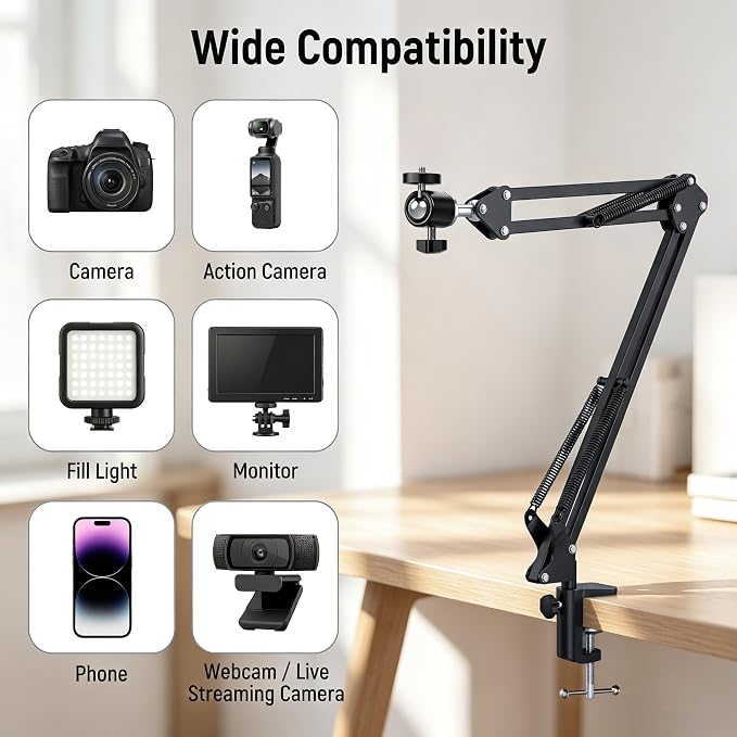 LenTok Overhead Tripod Mount for Camera Webcam Ring Light, Flexible Over Head Arm for iPhone with Phone Holder and Ball Head, Table Stand Accessory for Phone Video Recording Live Stream - Image 2