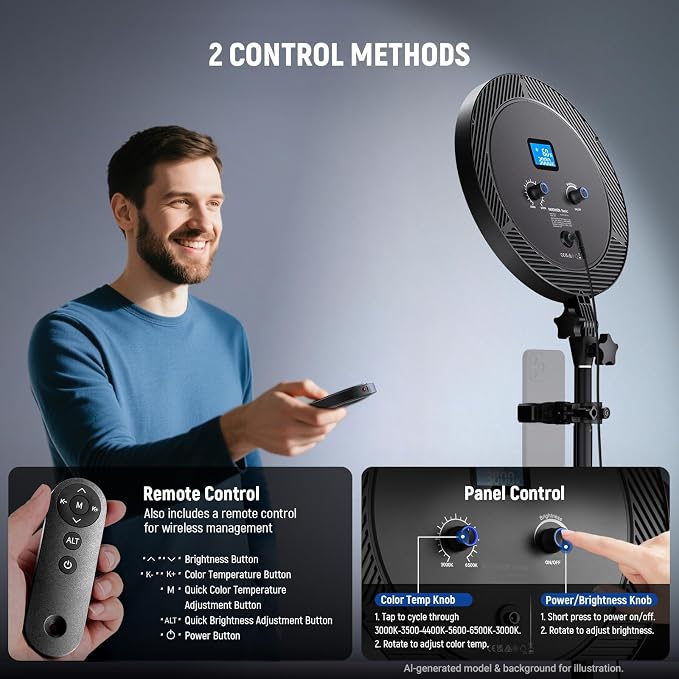 NEEWER Basics 12" 24W Large Ring Light w 68" Stand/Phone Holder for iPhone | Remote, Video Recording Selfie Streaming Makeup Studio Photography, 3000K-6500K CRI98 Full Screen LED Panel Lighting, BR13 - Image 2