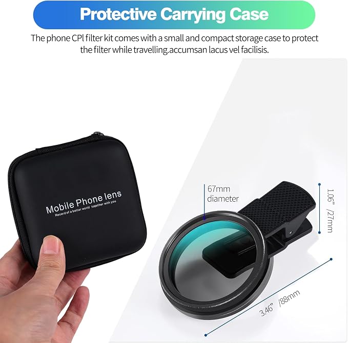 67mm CPL Filter for iPhone & Android, Phone Polarizing Lens Kit with Clip-On Adapter to Eliminate Glare & Reflections for Professional Car Photography, Water, and Scenery, Travel Case Included - Image 3