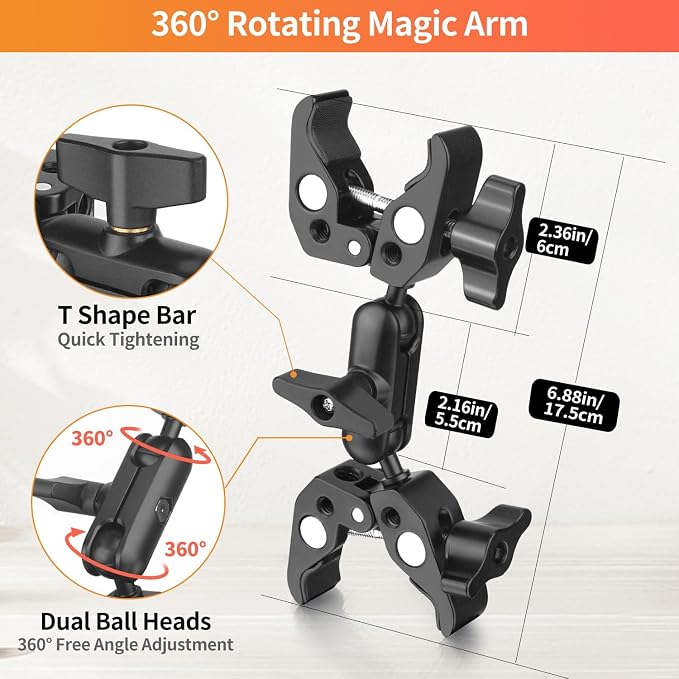 Double Super Clamp Camera Mount, Umbrella Holder w/ 360° Ballhead | Aluminum, silicone pads, grips 0.5-2.3" rods, flat 0-1.97", 1/4" thread, 3" arm, for bike, stroller, light stand, reflector - Image 6