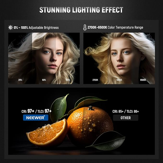 NEEWER 80W LED Video Light, 2.4G&APP Control, Bi Color 2700K-6500K 34000Lux/1m, CRI97+/12 Scenes/Bowens COB Continuous Output Lighting for Studio Photos Photograpny Video Recording Streaming, CB60B | 2700K-6500K, 34000Lux/1m, CCT, CRI97+, 12 Scenes, Bo... - Image 3