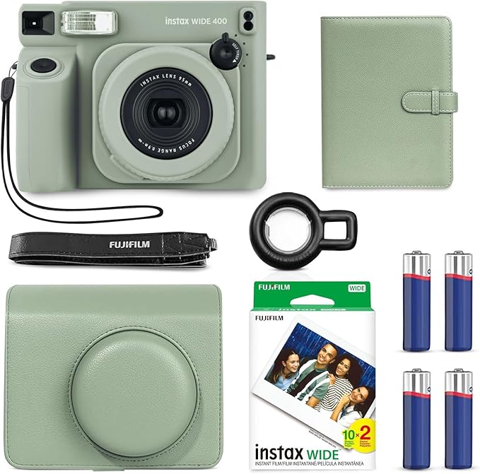 Fujifilm Instax Wide 400 Instant Camera (Sage Green) + INSTAX Wide Film (20 Exposures) + Shutter Accessories Bundle – Carrying Case, 80-Pocket Green Photo Album by FUJIFILM