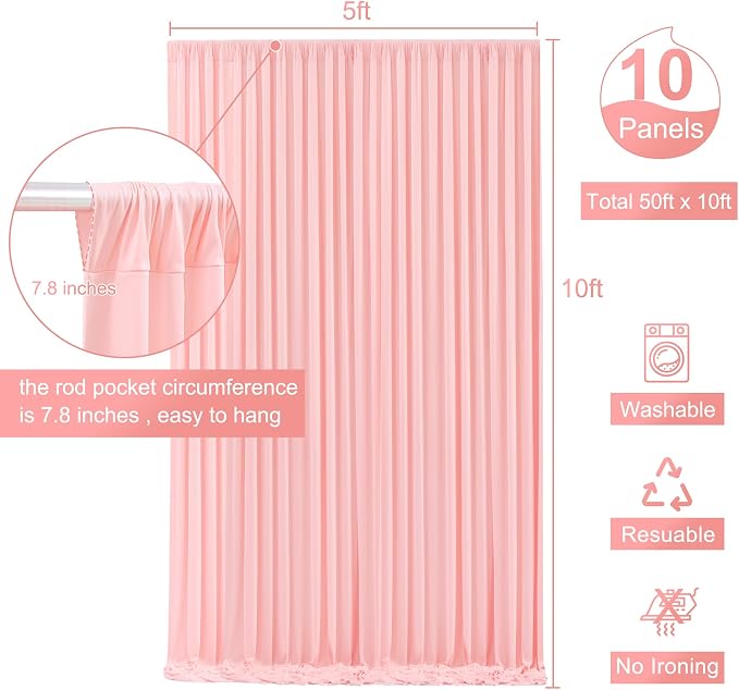 10 Panels Blush Pink Backdrop Curtain for Parties Wedding Wrinkle Free Pink Photo Curtains Backdrop Drapes Fabric Decoration for Baby Shower Birthday Party 50ft(W) x 10ft(H) - Image 5