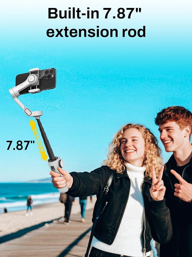 AOCHUAN Gimbal Stabilizer for iPhone & Android, 3-Axis Phone Gimbal with OLED Screen, 7.8" Extendable Rod, Face & Gesture Tracking, Ideal for Vlogging, Travel & Video Recording-Smart V8 White - Image 3