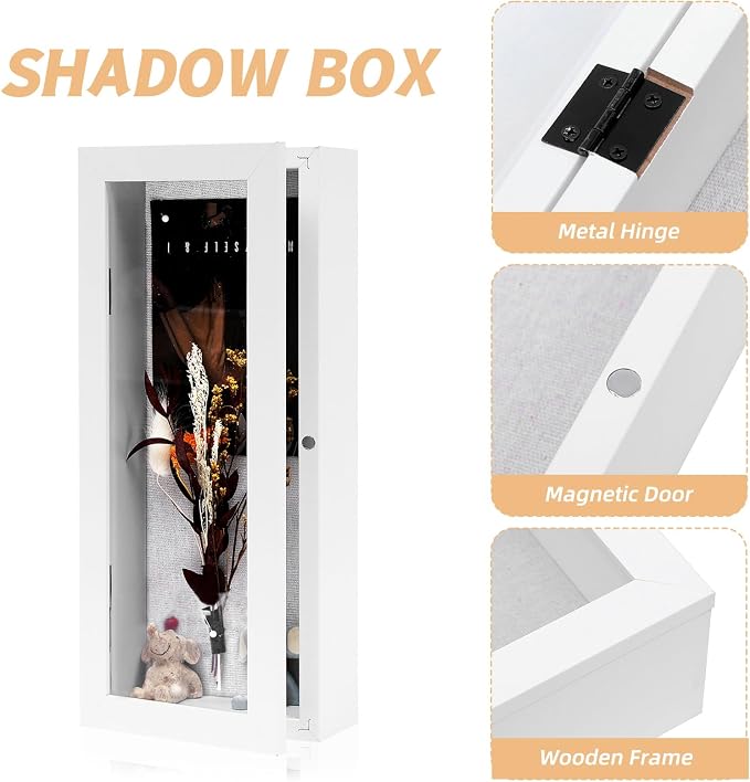 Muzilife 12.5x5 Shadow Box Wood Picture Frame, 2.16 Deep, Real Glass, White | FSC-Wood, Magnetic Door, Linen Interior & Pins, Vertical, Horizontal Wall Hanging, Display Case Frame for Photos & Keepsakes - Image 4