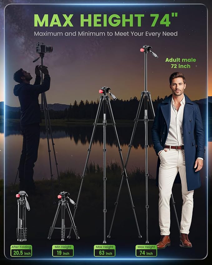 CAMBOFOTO 74"-Camera-Tripod, Porfessional Aluminum Heavy Duty Tripod Stand for Mirrorless Camera/DSLR/Cell Phone/Camcorder, with Holder and Travel Bag (Pack of 3) - Image 3