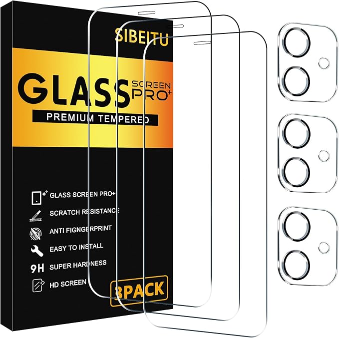 SIBEITU 3+3 Pack Screen Protector + Camera Lens Protector for iPhone 12 | 6.1 Inch HD 9H Hardness Tempered Glass Film, Scratch Resistant, Sensor Protection, Case Friendly, High Response, Bubble Free by SIBEITU