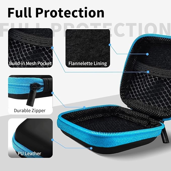 1 Pack Square Earbud Case Storage Bag with Carabiner, Blue | Portable EVA Carrying Case, For Wired/Wireless Headphones, SD Card Storage, Camera Chip - Image 3