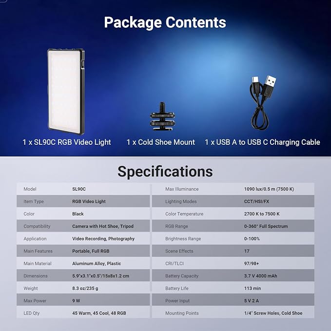 NEEWER Basics RGB Video Light, 9W 2700K-7500K Portable Full RGB Colors 17 Scenes CRI97, 4000mAh Rechargeable Metal Small LED Camera Panel Lighting for DSLR Tripod Streaming Video Recording, SL90C - Image 11