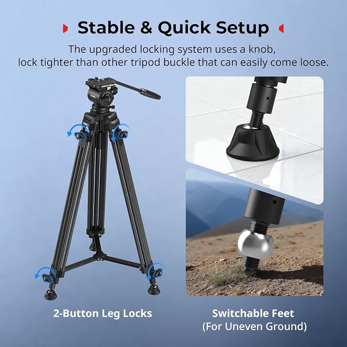 SMALLRIG 73''/185cm Carbon Fiber Heavy Duty Video Tripod, Max Load 10kg (22lbs), Fluid Head with +85° to -78 Tilt Range, Compact Camera Tripod Weight 2.7kg(6lbs), Folded Height 87cm, AD-14 - Image 8