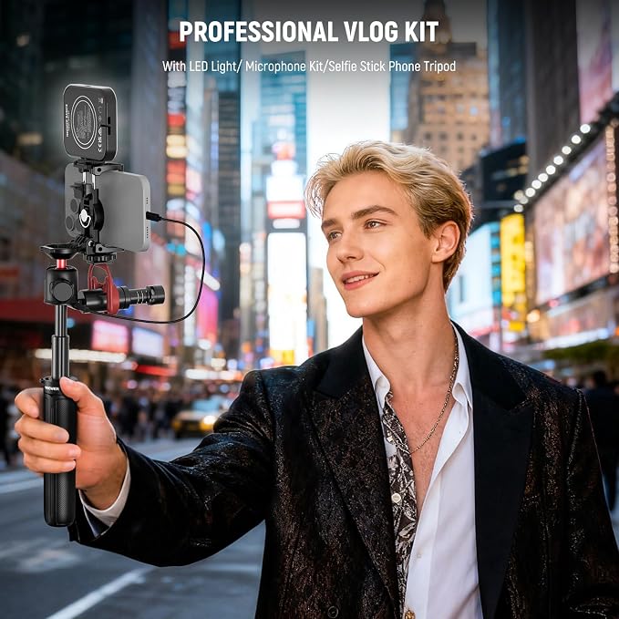 NEEWER Basics PA050 Vlogging Kit for iPhone Android Phone for YouTube TikTok Streaming Video Recording, Selfie Stick Tripod + Microphone + LED Fill Light, Youtuber Starter Content Creator Essentials - Image 2