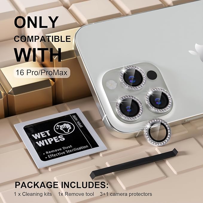 Misea Compatible for iPhone 16 Pro/iPhone 16 Pro Max Camera Lens Protector | 9H Tempered Glass Ultra HD Bling Camera Screen Protector Cover Metal Individual Ring Decoration Accessories, Silver Diamond - Image 2