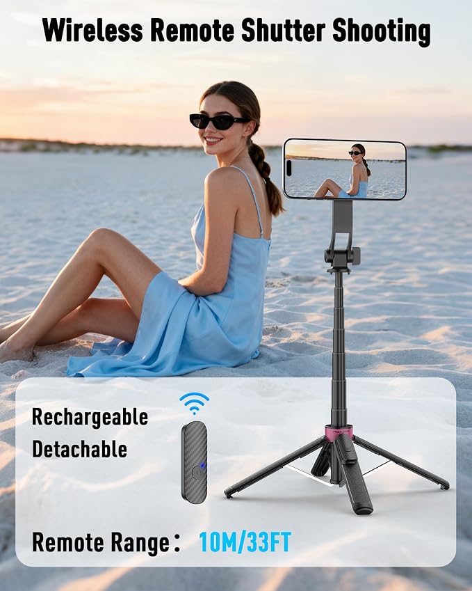 37''Magnetic Phone Tripod, Portable Selfie Stick Tripod & 4-Leg Base | 360° Rotation, 3-in-1 Magsafe Tripod with Wireless Remote for iPhone17 Pro Hands-Free Video Recording, Gym Workout,Travel - Image 5